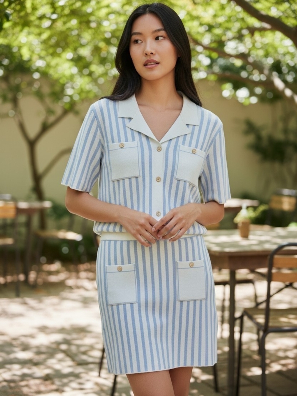 Mystree Light Blue and White Striped Knit Two-Piece Set